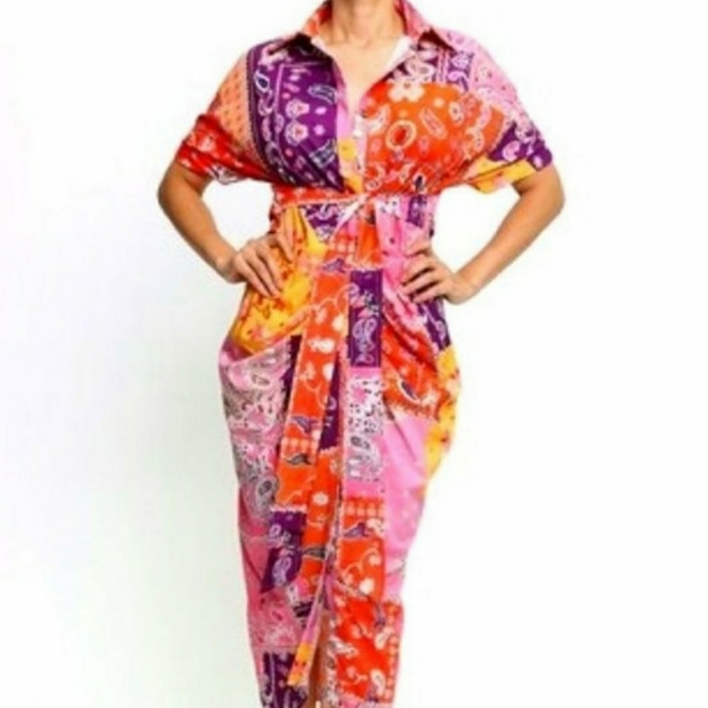 Callie Wrapped Bandana: Multicolor Paisley Button Up Sash Midi Dress